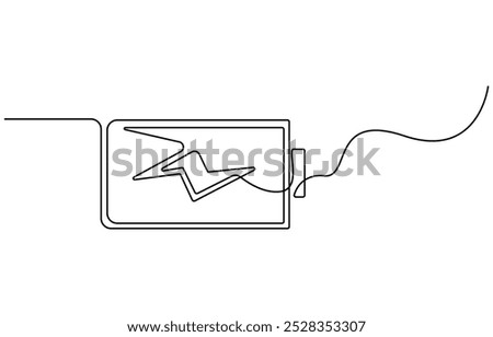 One continuous line drawing of battery charging. Lightning bolt symbol and electricity energy type sign in simple linear style. Editable stroke, One line drawing of battery full of charge