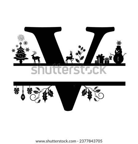 Letter V, V Christmas Monogram, Letter V Silhouette with Christmas symbols, Christmas logo, Christmas Design for Print, Screen Print T-Shirt