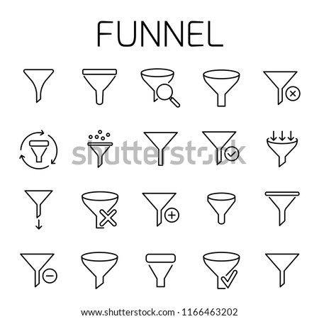Funnel related vector icon set. Well-crafted sign in thin line style with editable stroke. Vector symbols isolated on a white background. Simple pictograms.