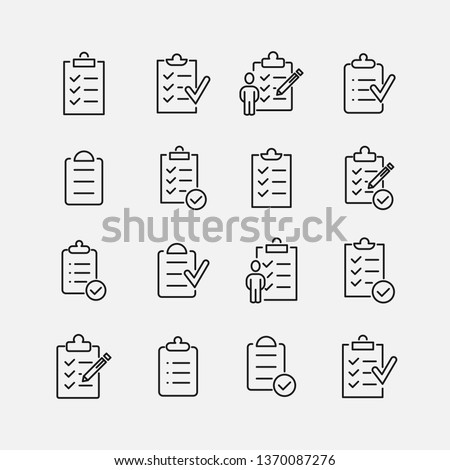 Clipboard related vector icon set. Well-crafted sign in thin line style with editable stroke. Vector symbols isolated on a white background. Simple pictograms