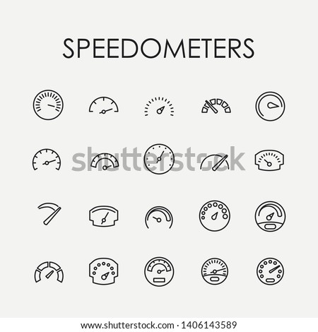 Speedometer related vector icon set. Well-crafted sign in thin line style with editable stroke. Vector symbols isolated on a white background. Simple pictograms.