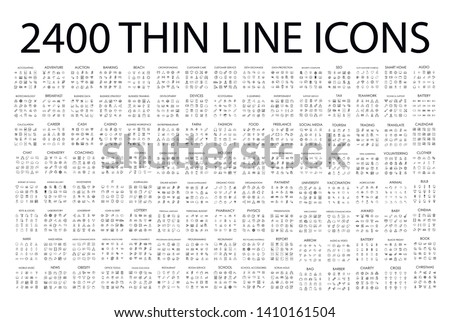 Set of 2400 modern thin line icons. Outline isolated signs for mobile and web. High quality pictograms. Linear icons set of business, medical, UI and UX, media, money, travel, etc.