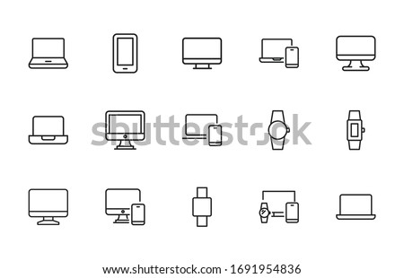 Modern thin line icons set of devices. Premium quality symbols. Simple pictograms for web sites and mobile app. Vector line icons isolated on a white background.
