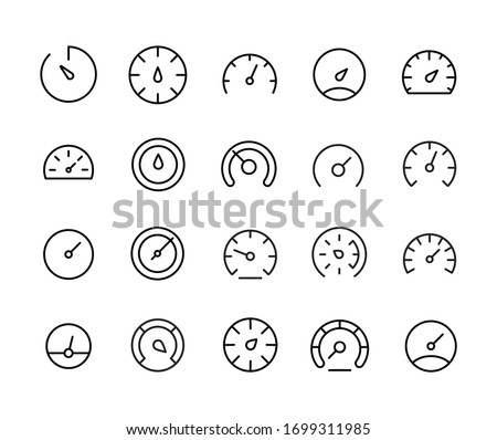 Stroke line icons set of speedometer. Simple symbols for app development and website design. Vector outline pictograms isolated on a white background. Pack of stroke icons. 