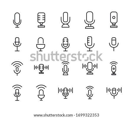 Stroke line icons set of microphone. Simple symbols for app development and website design. Vector outline pictograms isolated on a white background. Pack of stroke icons. 