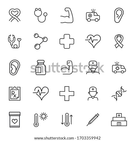 Stroke line icons set of healthcare. Simple symbols for app development and website design. Vector outline pictograms isolated on a white background. Pack of stroke icons. 
