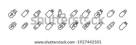 Premium pack of flash drive line icons. Stroke pictograms or objects perfect for web, apps and UI. Set of 20 flash drive outline signs. 