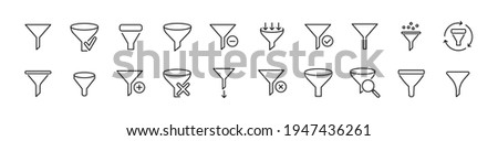 Stroke vector filter line icons. Pixel perfect signs isolated on a white background. Funnel pictograms in trendy outline style.