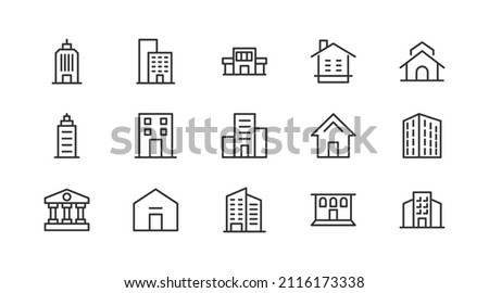 Stroke vector building  line icons. Pixel perfect signs isolated on a white background. Minimal building  pictograms in trendy outline style.