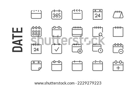 Vector set of date thin line icons. Design of 20 stroke pictograms. Signs of date isolated on a white background.