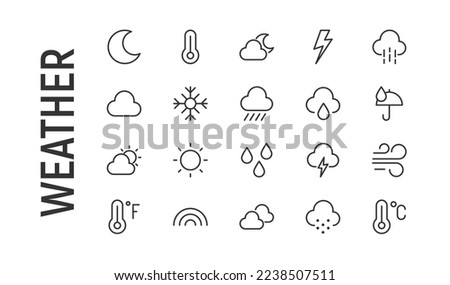 Vector set of weather thin line icons. Design of 20 stroke pictograms. Signs of weather isolated on a white background.