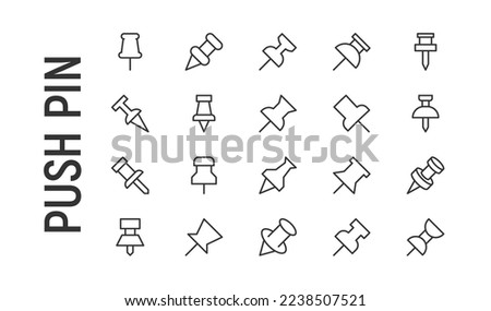 Vector set of push pin thin line icons. Design of 20 stroke pictograms. Signs of push pin isolated on a white background.