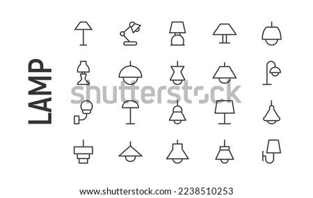Vector set of lamp thin line icons. Design of 20 stroke pictograms. Signs of lamp isolated on a white background.
