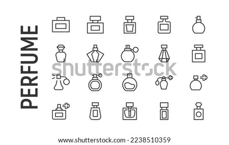 Vector set of perfume thin line icons. Design of 20 stroke pictograms. Signs of perfume isolated on a white background.