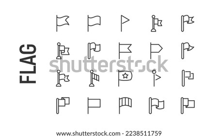 Vector set of flag thin line icons. Design of 20 stroke pictograms. Signs of flag isolated on a white background.