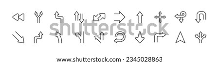 Simple collection of direction related line icons. Thin line vector set of signs for infographic, logo, app development and website design. Premium symbols isolated on a white background.