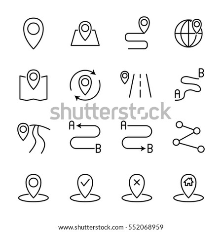 Set of route in modern thin line style. High quality black outline pin symbols for web site design and mobile apps. Simple linear route pictograms on a white background.