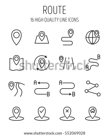 Set of route in modern thin line style. High quality black outline pin symbols for web site design and mobile apps. Simple linear route pictograms on a white background.