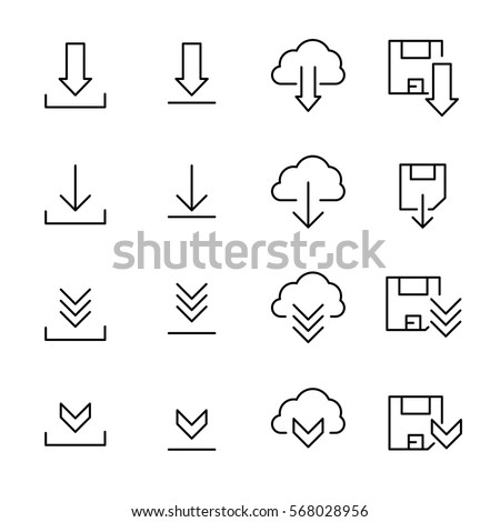 Set of download icons in modern thin line style. High quality black outline load symbols for web site design and mobile apps. Simple download pictograms on a white background.