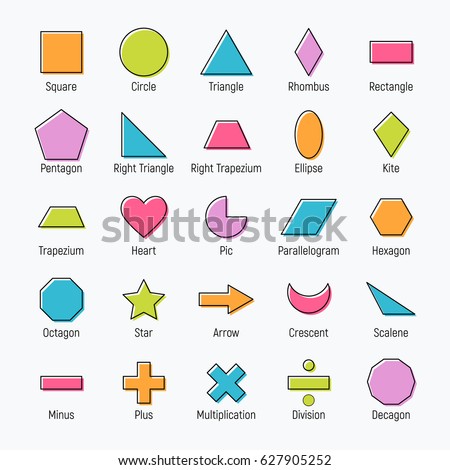 Huge set of vector shapes design: square, circle, triangle, rhombus, rectangle, pentagon, ellipse, kite, trapezium, heart, parallelogram, hexagon, octagon, star, arrow, crescent, scalene, minus, plus