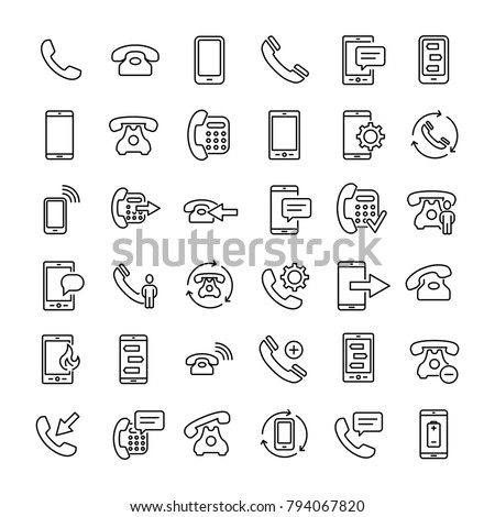 Set of 36 phone thin line icons. High quality pictograms of mobile. Modern outline style icons collection. Telephone, smartphone, cellphone, message, etc.