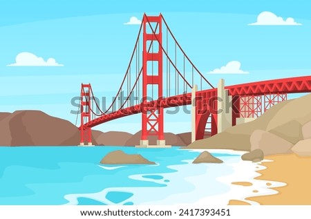 Golden Gate Bridge Vector Illustration. San Francisco Bridge Baker Beach California Vector