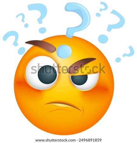 Thoughtful emoji with confused thoughts. Emoticon thinking with question on white background. Cute emoticon