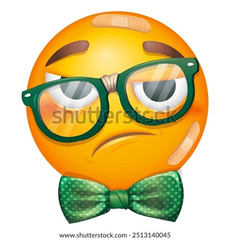 Nerd emoji with bow tie on white background. Emoticon with broken glasses and medical plaster. Cute emoticon 