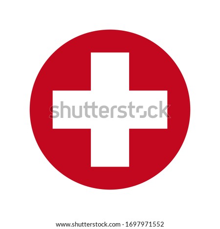 White cross in a red circle. First aid icon. Vector illustration