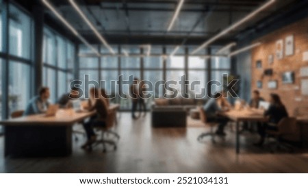 Modern office with employees collaborating around a table in a glass-walled space. The urban backdrop and open design evoke professionalism and teamwork.