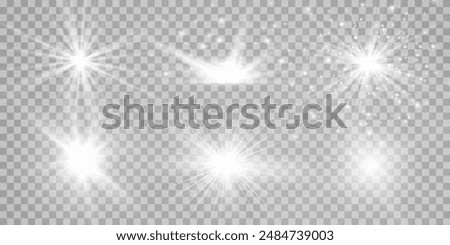 Light effect set. Glow isolated white transparent light effect set, lens flare, explosion, glitter, dust, line, sun flash, spark and stars, spotlight, curve twirl. Sunlight, abstract special effect.