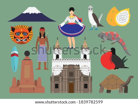 Flat vector illustration set of
Ecuador consisting of landmark attractions and cultures