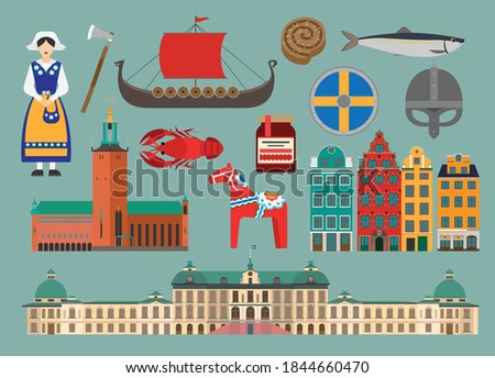 Flat vector illustration set of
Sweden consisting of landmark attractions and cultures