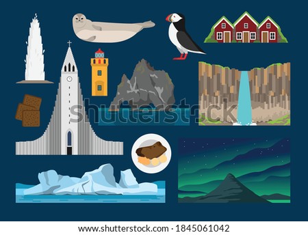 Flat vector illustration set of
Iceland consisting of landmark attractions and cultures