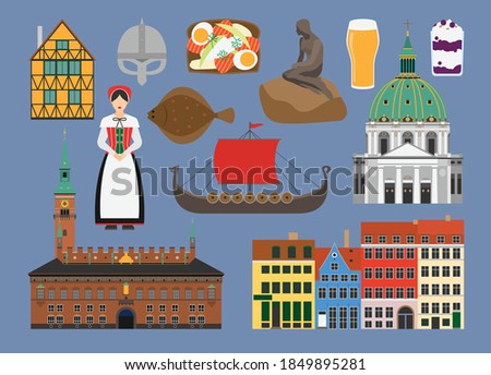 Flat vector illustration set of
Denmark consisting of landmark attractions and cultures