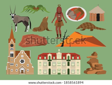 Flat vector illustration set of
Namibia consisting of landmark attractions and cultures