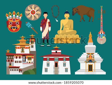 Flat vector illustration set of
Bhutan consisting of landmark attractions and cultures
