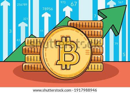 Modern trend illustration of bitcoin and cryptocurrency growth. A bullish wave in the cryptocurrency market. The rise in the price of bitcoin picture.  Good news about Bitcoin. Green arrow and coin.