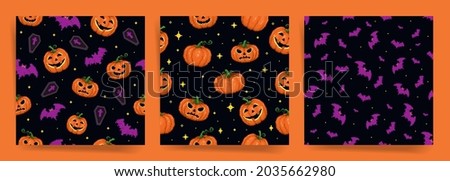 Pixel art halloween seamless pattern set. 8 bit game retro style repeatable backgrounds collection with scary stuff like jack o lanterns, bats, coffins and night stars. Vector pixel art surface set.