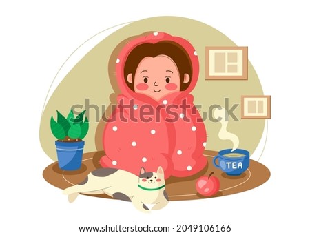 Girl wrapped in blanket. Spending time at home. Cozy evening - best time for love yourself. Cute vector illustration in cartoon style. Female character trying to keep warm in a blanket on a cold day.
 Stockfoto © 