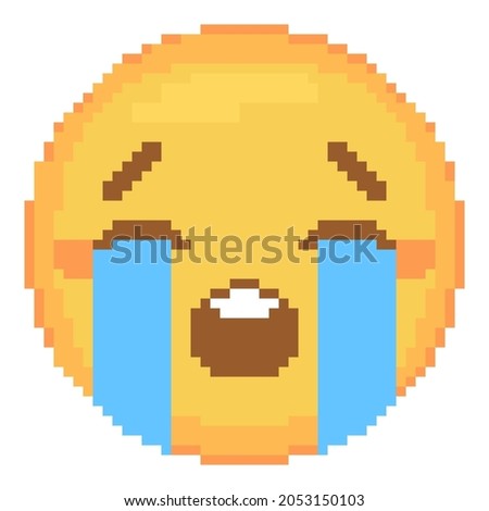 Pixel art crying emoji icon. Retro pixel emoticon of loudly crying face smiley. Cute sad cartoon kawaii vector social media smile icon.