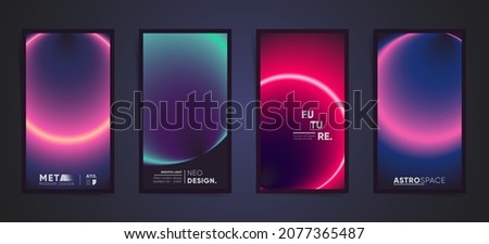 Abstract neon vertical stories, gradient cover template design set for poster, social media post and stories banners. Cyberpunk circular gradient hi tech post. Vector aesthetic space black set.	