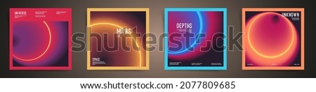 Neon space art square cover design. Social media square post template with cyberpunk blurry laser gradient. Circular radial gradient layout template design set for poster, post and banners. Vector.