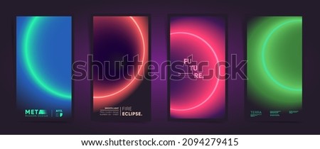 Abstract neon vertical stories template cover design set for poster, social media post and stories banners. Cyberpunk circular gradient hi tech post. Vector hi tech technology space color set.