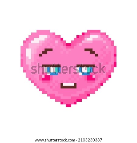 Pixel art unamused heart emoji. Vintage 8 bit pixel pink emoticon of meh irritation face smile. Cute anime kawaii vector icon. Valentine Day romantic heart-shaped design.
