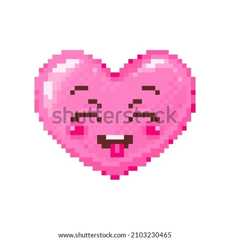 Pixel art fun heart emoji with sticking out tongue. Vintage 8 bit pixel pink emoticon of squinting tongue out face smile. Cute anime kawaii vector icon. Valentine Day romantic heart-shaped design.
