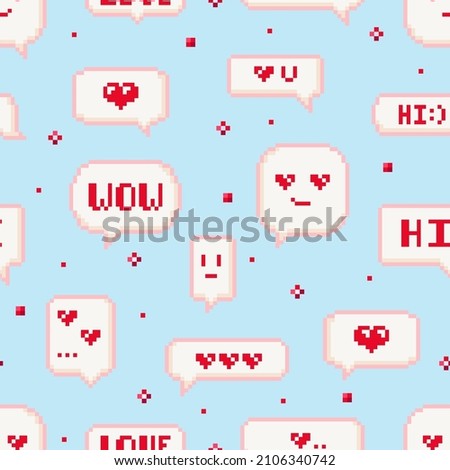 Valentine day seamless square pattern tile. Best for fabric or paper decorative design. Square vector pattern with romantic chat bubbles, text messages with hearts. 8 bit style pixel art background.