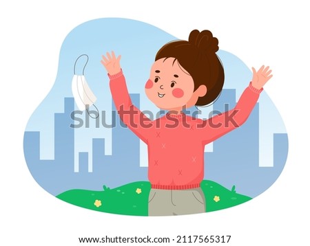 Happy cute woman removing medical mask in city during landscape. Woman removing protective face mask. End COVID-19 pandemic. Woman throwing away her mask. Cancellation vaccine passports.
