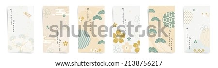 Golden week spring sale square post banners fashion template set. Japanese design sale promo posts. Design with wavy patterns, tradition style aesthetic elements in gold, beige, green colors set.