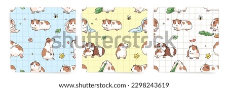 Guinea pig animal seamless patterns. Kid unisex decorative design. Square vector tiles set. Guinea pig or hamster, rodent domestic pet seamless background for kids.
